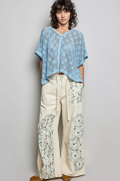 Cornflower blue POL crochet lace short sleeve top by Trendsi, featuring intricate lace detail and a relaxed fit.