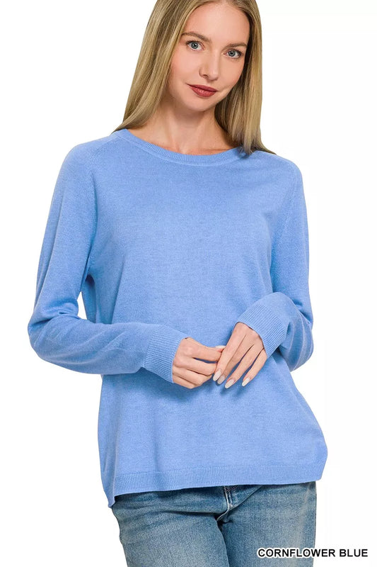 Cornflower blue Zenana lightweight wool blend round neck sweater with long sleeves and ribbed cuffs, stylish and cozy for fall.