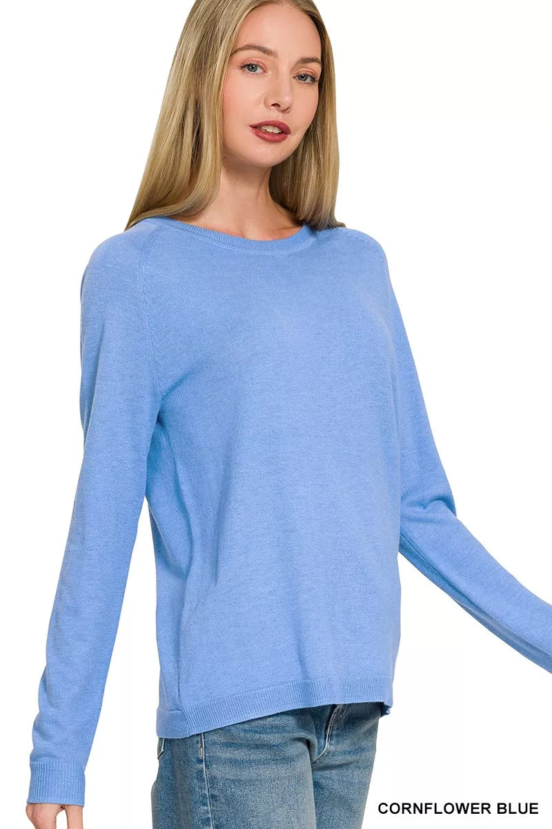 Cornflower blue Zenana lightweight wool blend round neck sweater, casual long sleeve pullover for women.