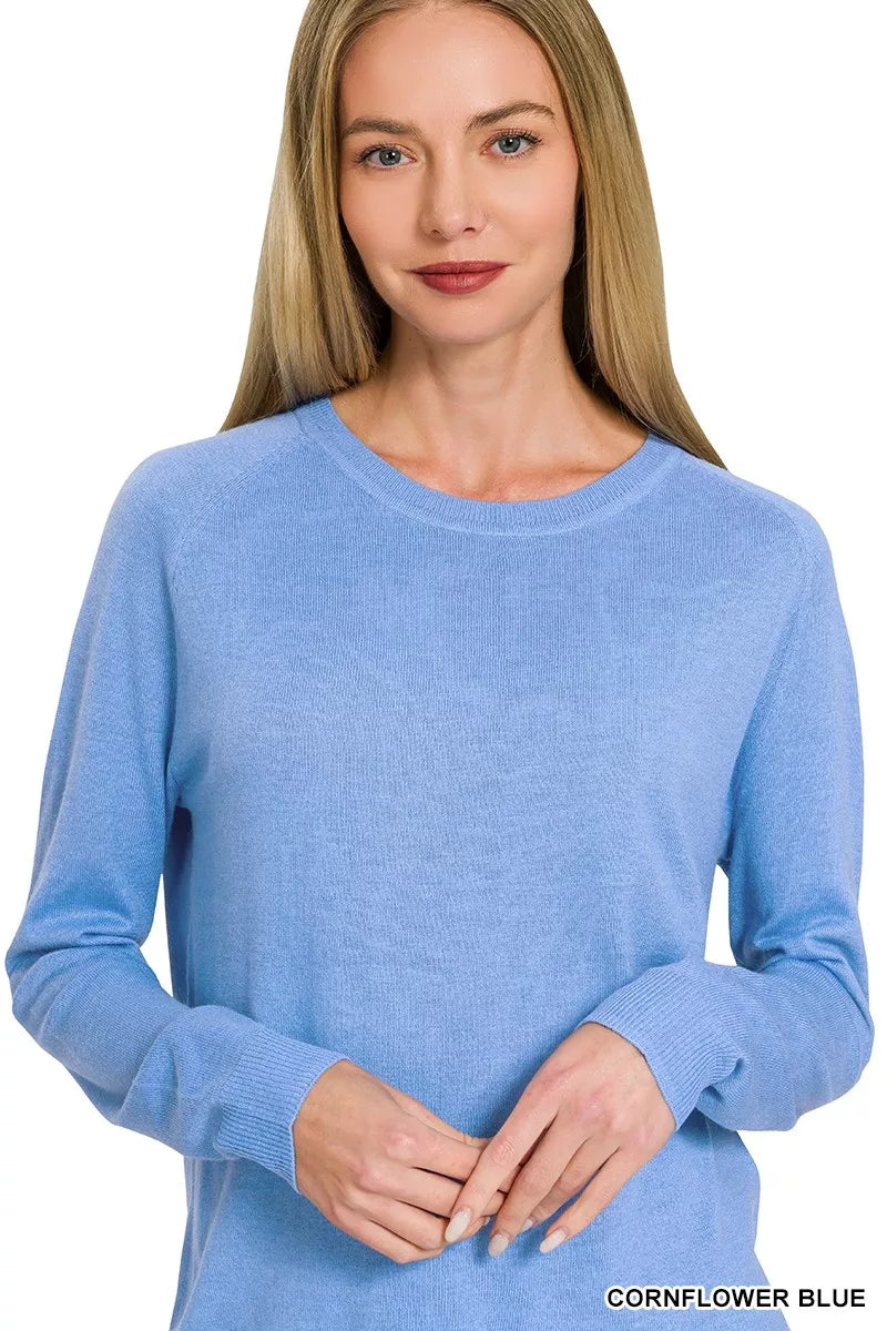 Cornflower blue Zenana lightweight wool blend round neck sweater, stylish and cozy for casual wear.