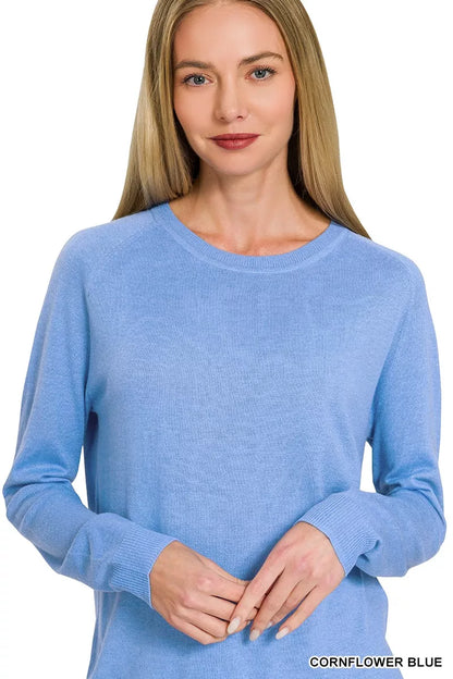 Cornflower blue Zenana lightweight wool blend round neck sweater, stylish and cozy for casual wear.