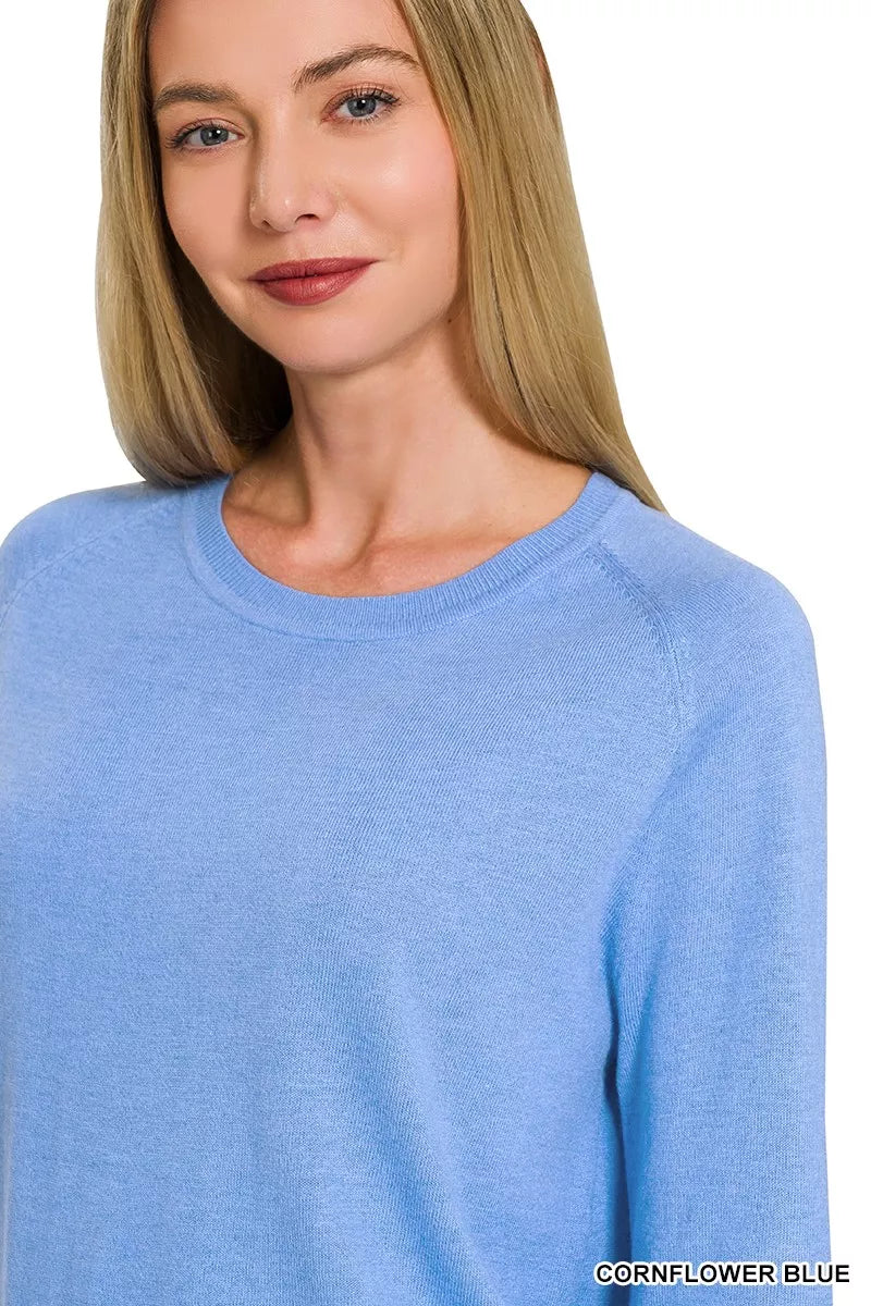 Cornflower blue Zenana lightweight wool blend round neck sweater with long sleeves and ribbed cuffs, stylish and cozy.