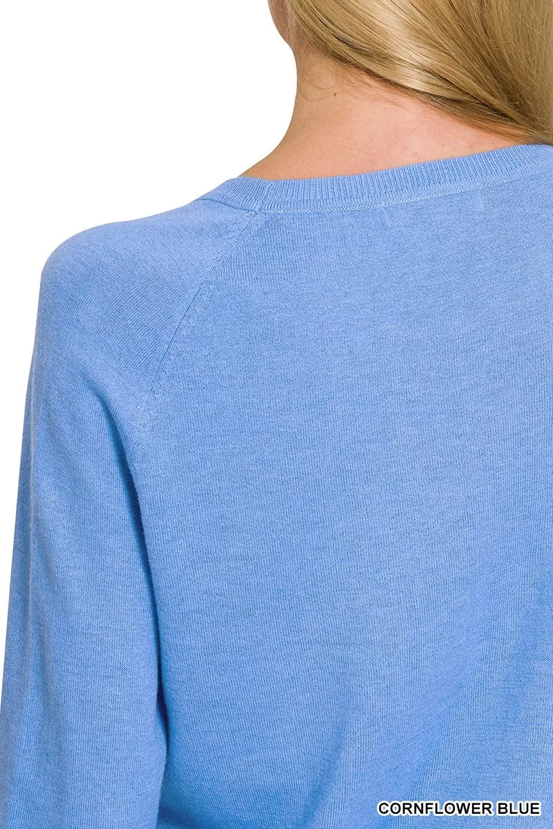 Cornflower blue Zenana lightweight wool blend round neck sweater with long sleeves, soft and cozy for casual wear.