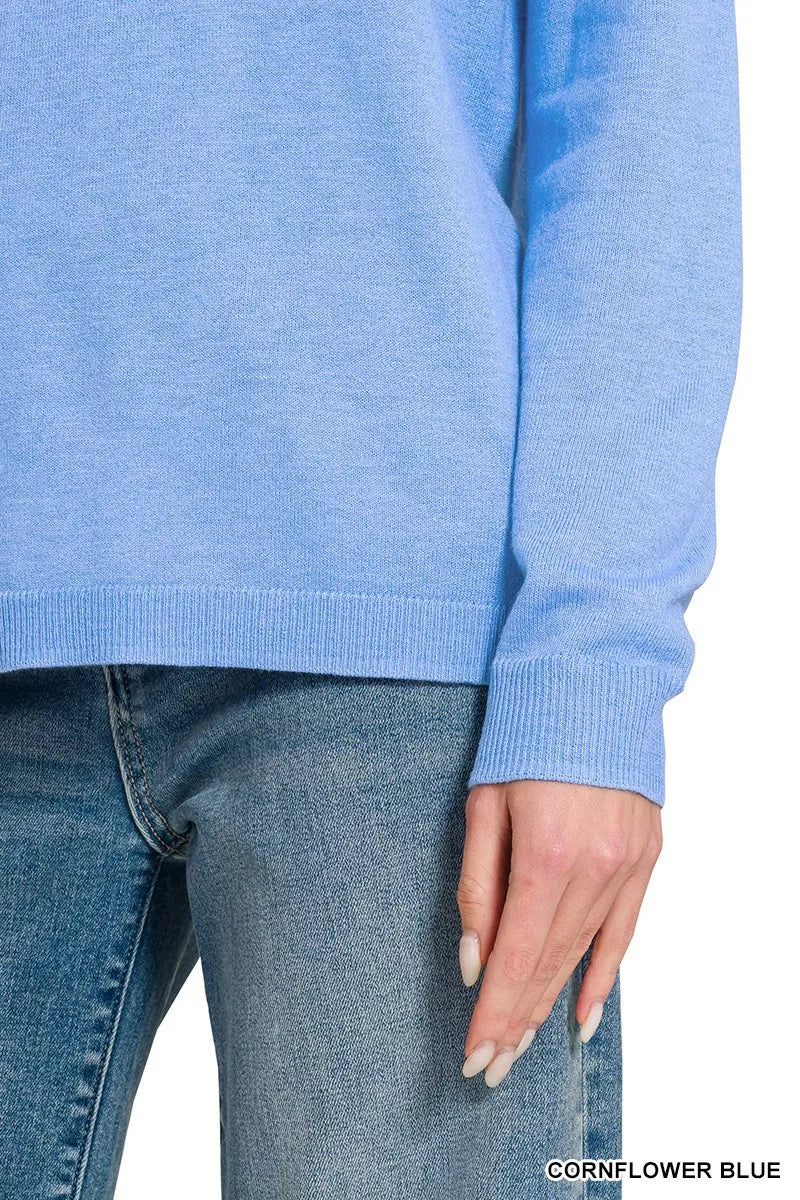 Cornflower blue Zenana lightweight wool blend round neck sweater, showing the cozy, fitted design with ribbed cuffs and hem.