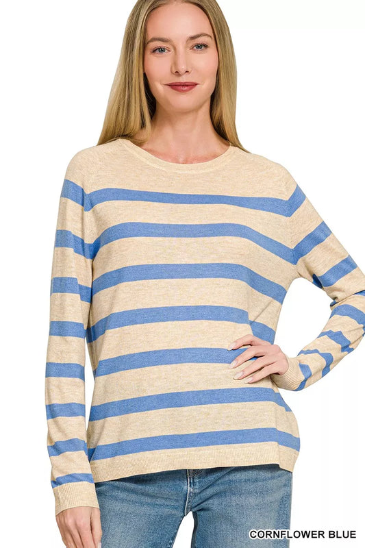 Cornflower blue Zenana lightweight wool blend striped round neck sweater, casual and cozy for women.