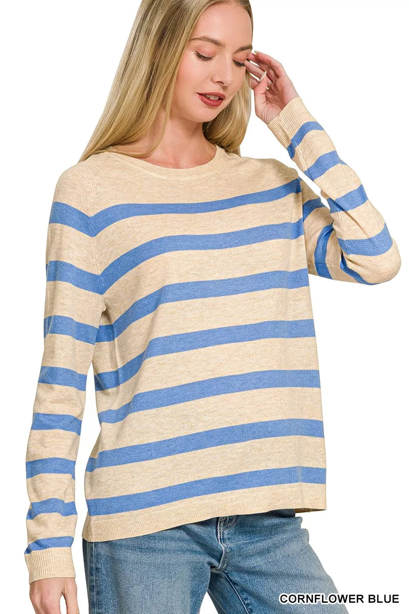 Cornflower blue Zenana lightweight wool blend striped round neck sweater, casual and cozy for everyday wear