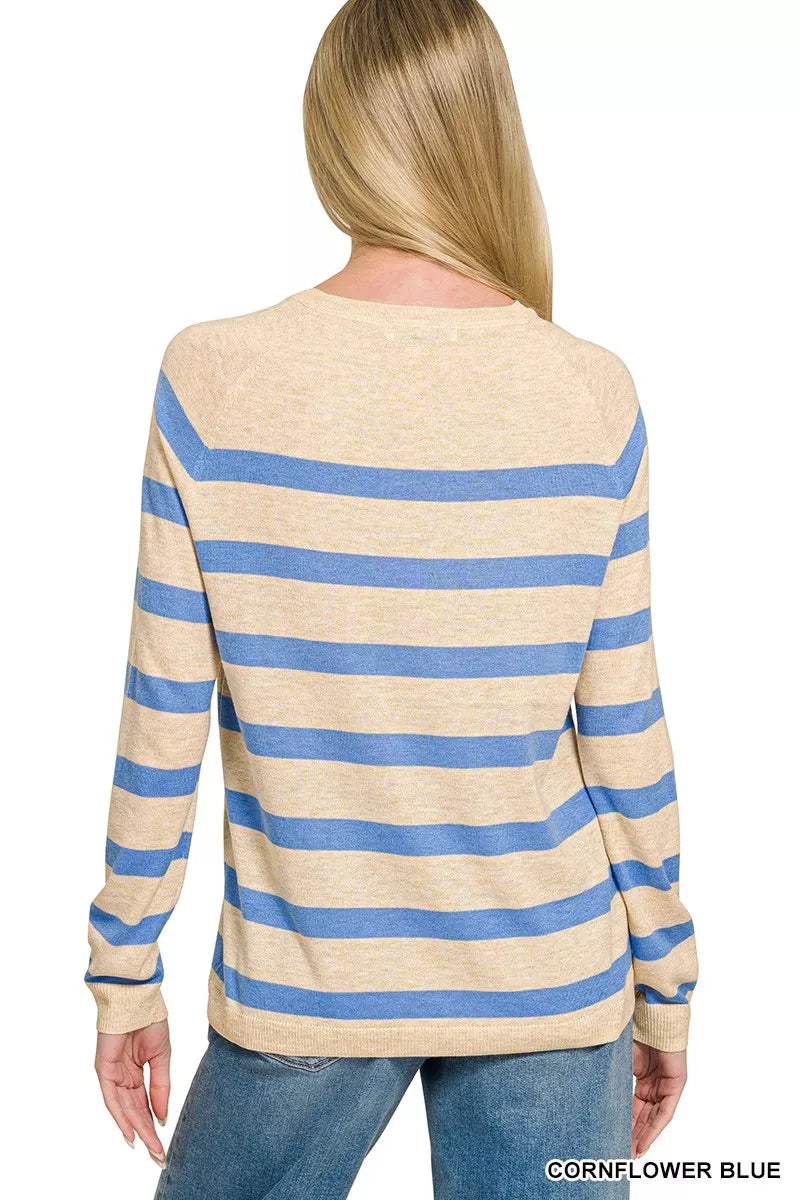 Cornflower blue Zenana lightweight wool blend striped round neck sweater, casual and cozy for women.