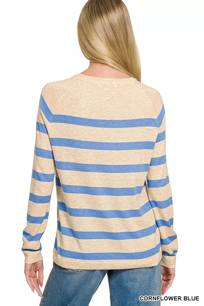 Cornflower blue Zenana lightweight wool blend striped round neck sweater, casual and cozy for women.