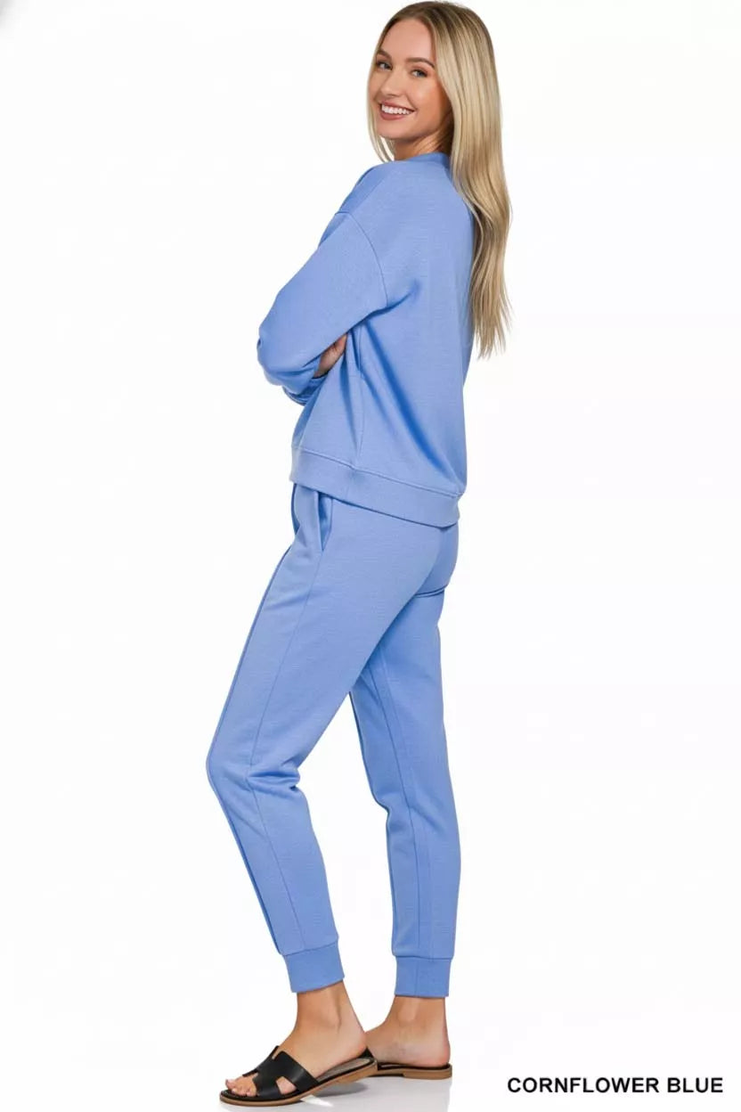 Cornflower blue Zenana scuba sweatshirt and joggers set with mock neck, casual sporty style, ideal for comfortable everyday wear.