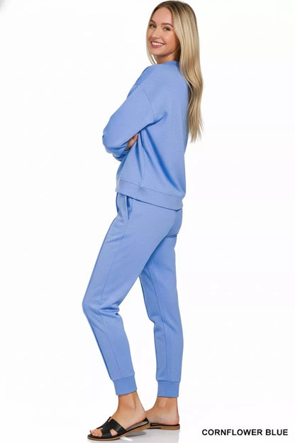 Cornflower blue Zenana scuba sweatshirt and joggers set with mock neck, casual sporty style, ideal for comfortable everyday wear.