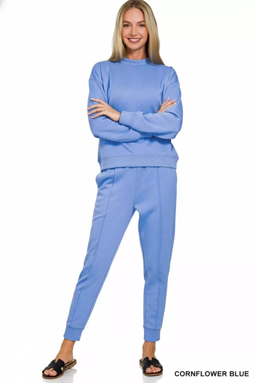 Cornflower blue Zenana scuba sweatshirt and joggers set with mock neck, stylish and comfortable activewear from Trendsi.