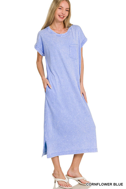 Cornflower blue Zenana washed short sleeve T-shirt dress with exposed seams, casual and comfortable for everyday wear.