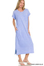 Cornflower blue Zenana washed short sleeve T-shirt dress with exposed seams, casual and comfortable for everyday wear.