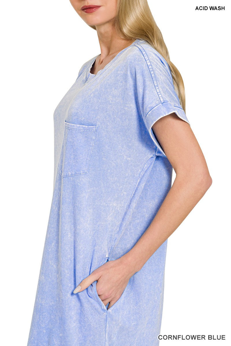 Cornflower blue Zenana washed short sleeve T-shirt dress with exposed seams, casual and comfortable for everyday wear.