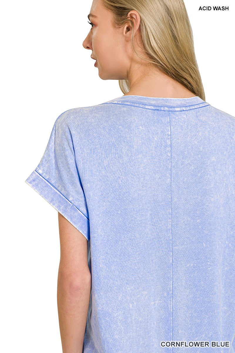 Cornflower blue Zenana washed T-shirt dress with exposed seams, short sleeves, and casual fit, perfect for everyday wear.