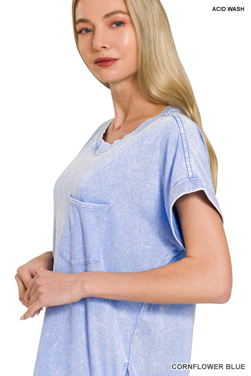 Light blue Zenana washed T-shirt dress with exposed seams and short sleeves, casual and comfortable for everyday wear.