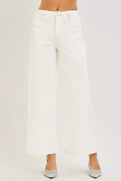 Cream RISEN high-rise ankle wide pants with a relaxed fit and wide leg silhouette, styled for casual or chic looks.