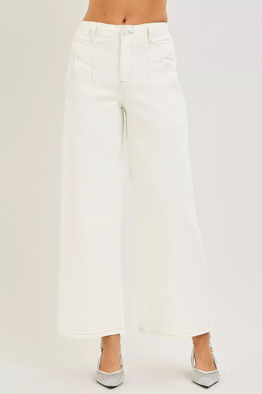 Cream RISEN high-rise ankle wide pants with a relaxed fit and wide leg silhouette, styled for casual or chic looks.