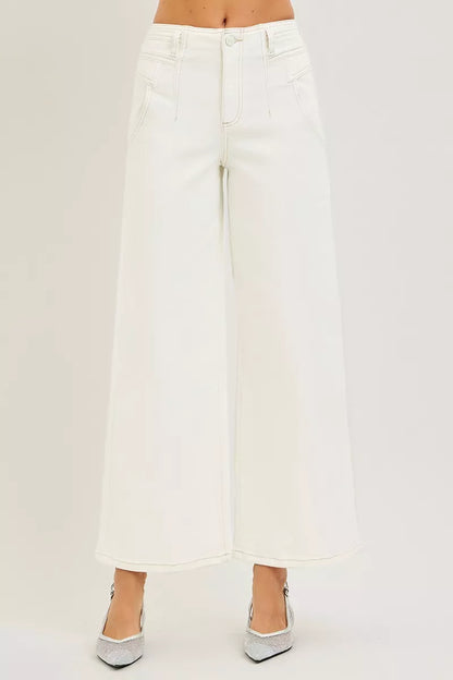 Cream RISEN high-rise ankle wide pants from Trendsi, featuring a relaxed fit and wide-leg style, displayed on a model.