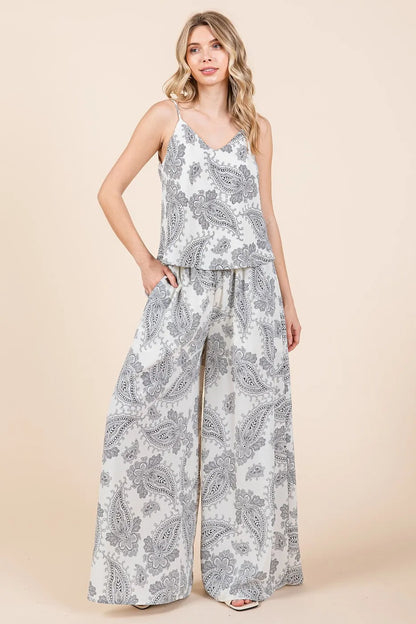 Cream and black paisley print cami and pants set by Mittoshop, featuring a flowy camisole and matching wide-leg pants.