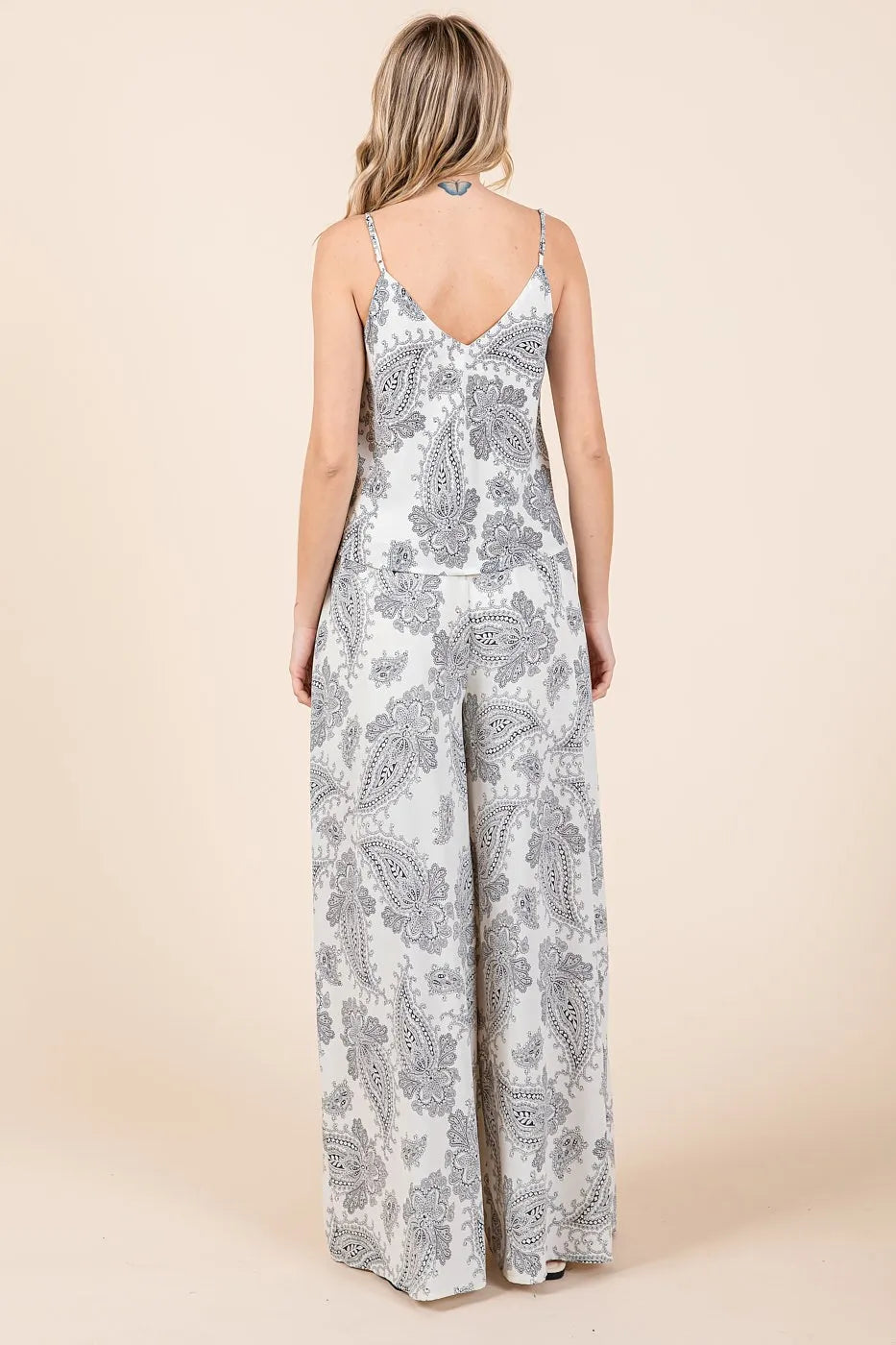 Cream and black paisley print cami and pants set from Mittoshop, stylish matching loungewear with relaxed fit.