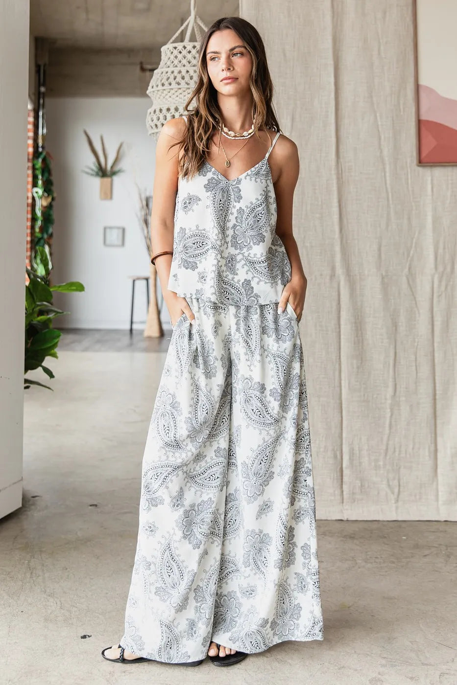 Cream and black paisley print cami and pants set by Mittoshop, featuring a stylish, coordinated loungewear look.
