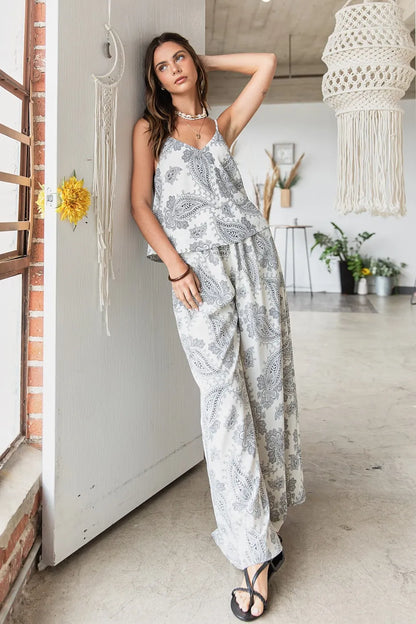 Cream and black paisley print cami and pants set by Mittoshop, featuring a stylish, coordinated matching outfit.