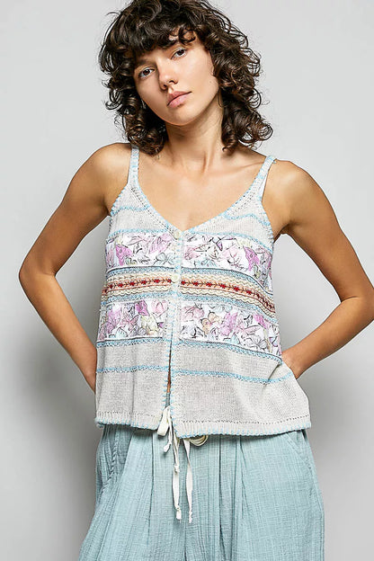 Cream and blue printed contrast button-down cami top with trim details and blanket stitch from Trendsi.