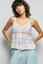 Cream and blue printed contrast button-down cami top with trim details and blanket stitch from Trendsi.