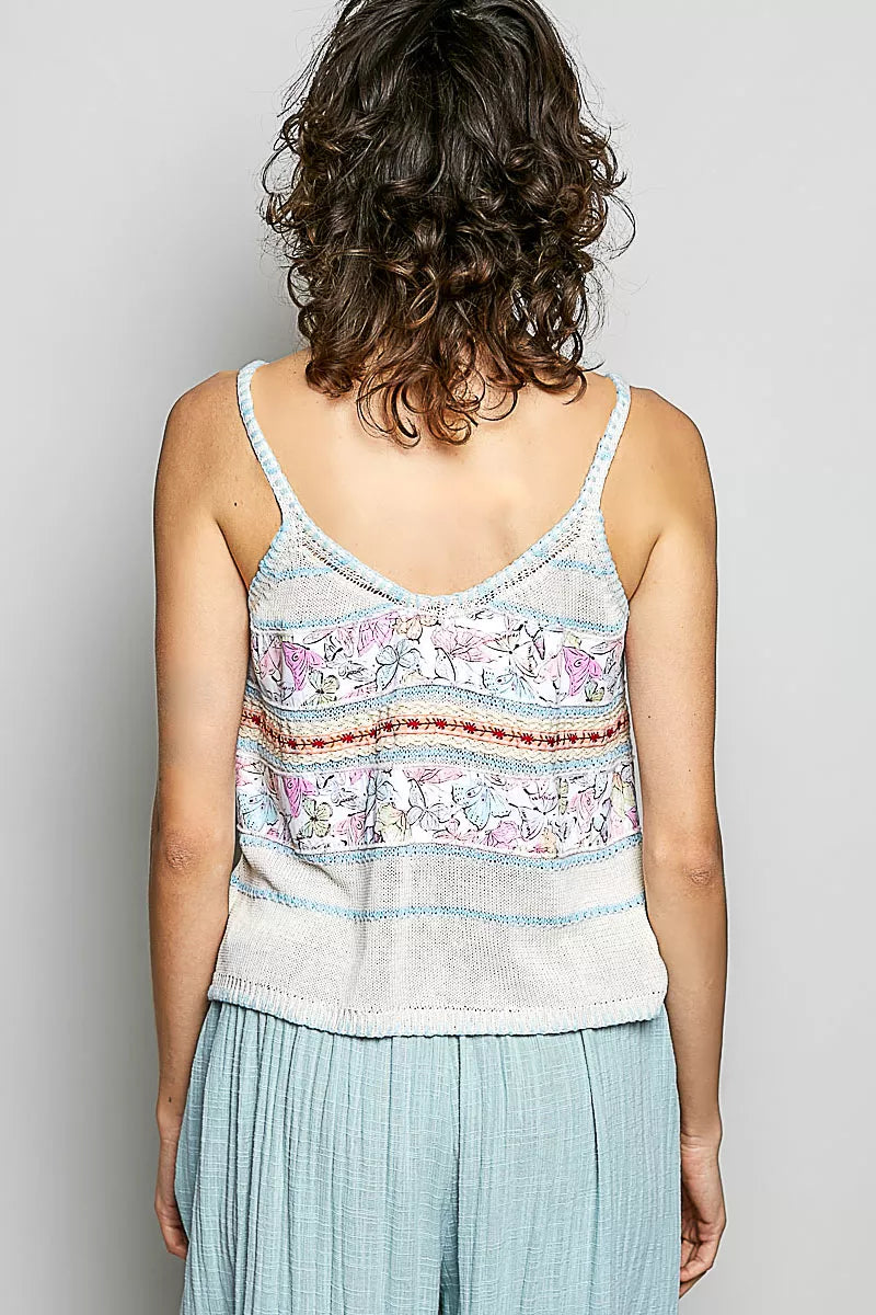 Cream and blue POL printed contrast button-down cami with trim detail and blanket stitch by Trendsi, shown on a model.