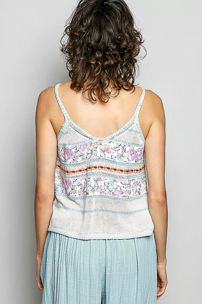 Cream and blue POL printed contrast button-down cami with trim detail and blanket stitch by Trendsi, shown on a model.