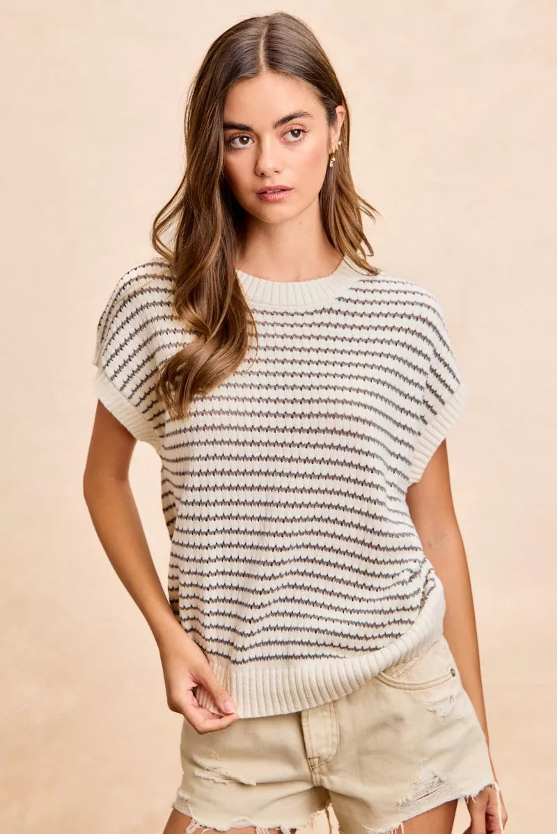 Cream and grey BiBi Pointelle Stripes sleeveless sweater top with drop shoulder design, lightweight and cozy from Trendsi.