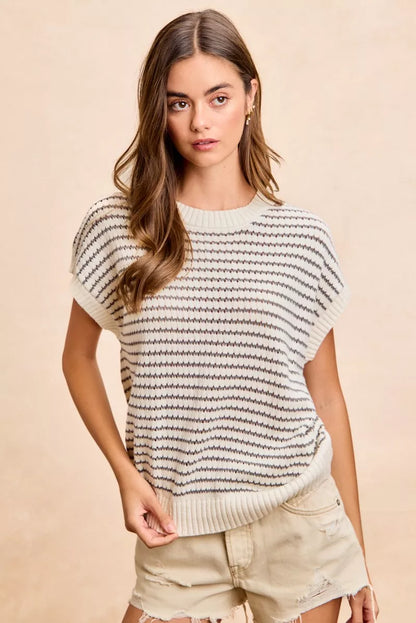 Cream and grey BiBi Pointelle Stripes sleeveless sweater top with drop shoulder design, lightweight and cozy from Trendsi.