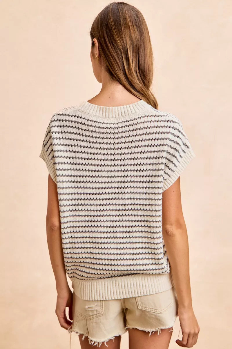 Cream and grey BiBi Pointelle Stripes sleeveless sweater top with drop shoulder design, lightweight and stylish by Trendsi.