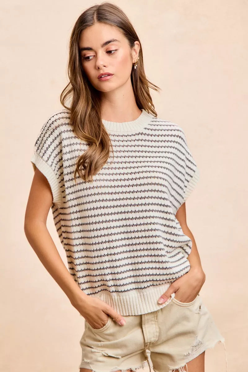 Cream and grey BiBi Pointelle Stripes sleeveless lightweight sweater top with drop shoulder from Trendsi, casual and stylish.
