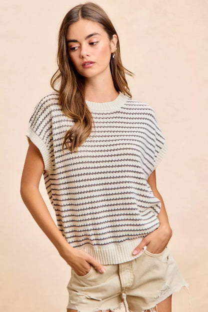 Cream and grey BiBi Pointelle Stripes sleeveless lightweight sweater top with drop shoulder from Trendsi, casual and stylish.