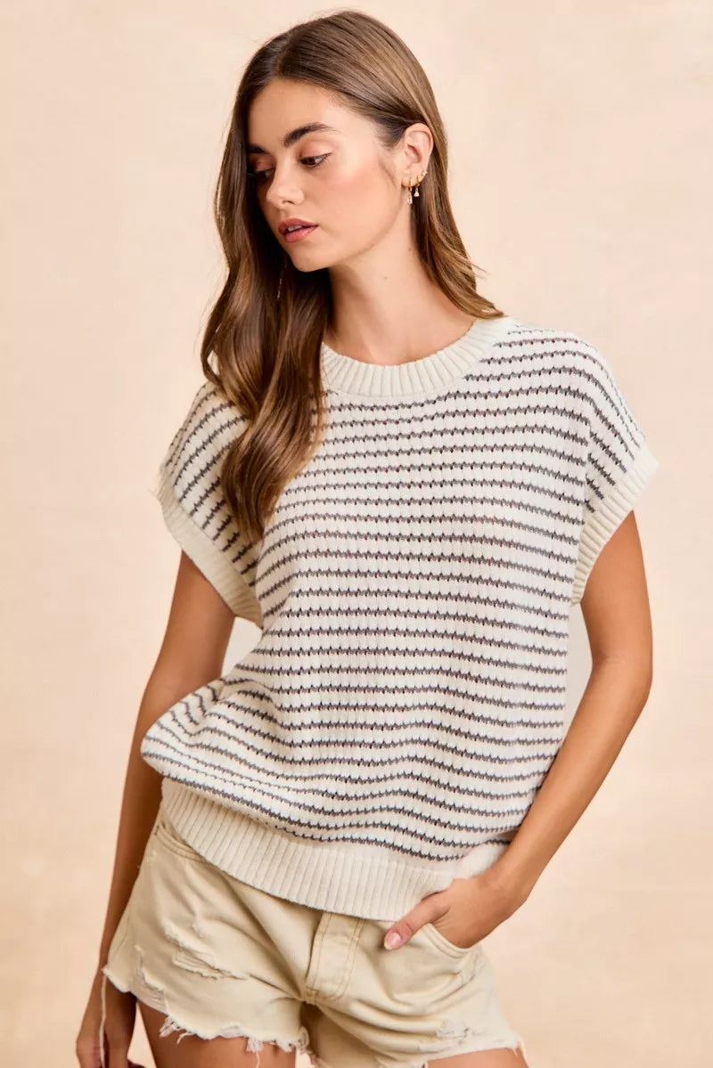 Cream and grey BiBi Pointelle Stripes sleeveless sweater top with drop shoulders, lightweight and stylish by Trendsi.