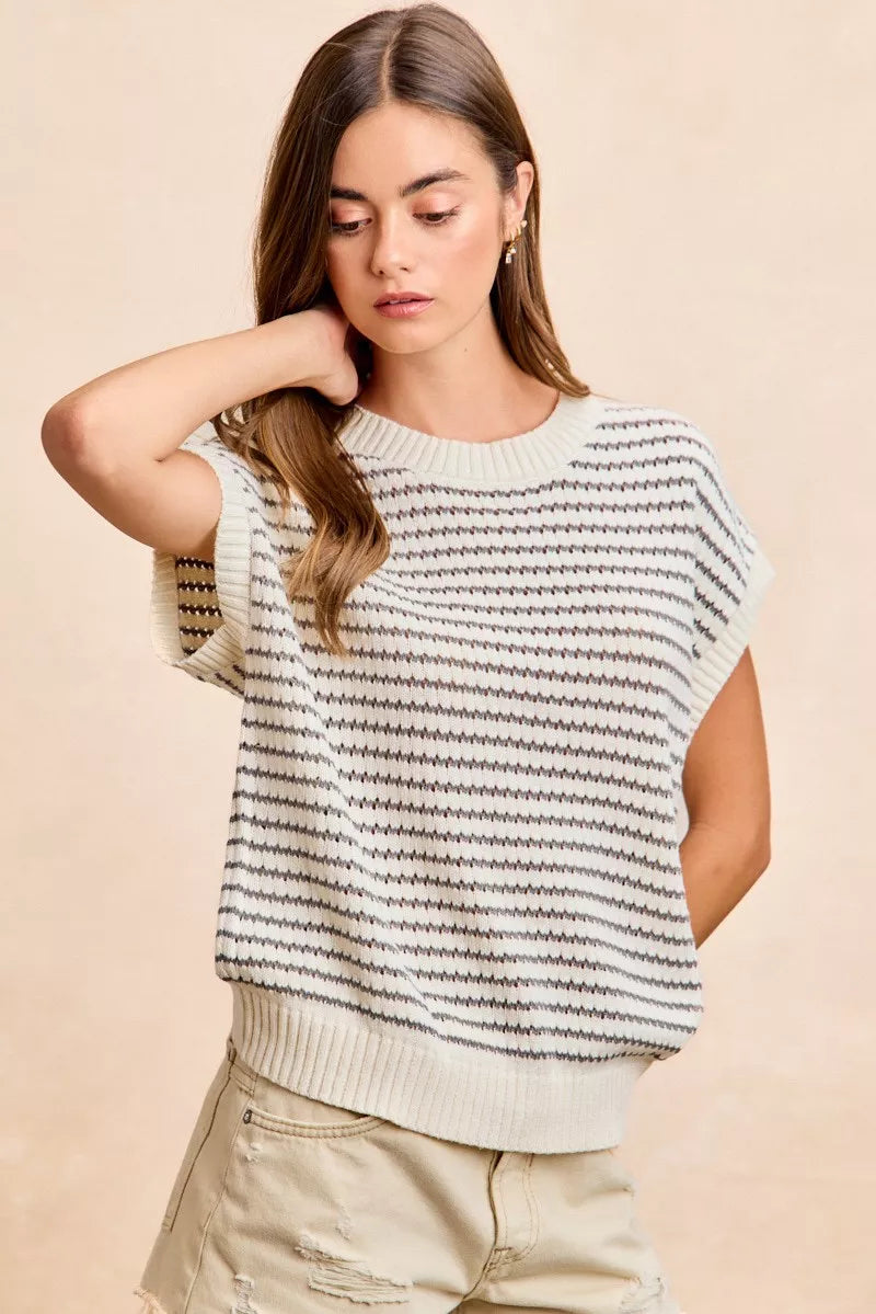 Cream and grey BiBi Pointelle Stripes sleeveless sweater top with drop shoulder design, lightweight and stylish from Trendsi.