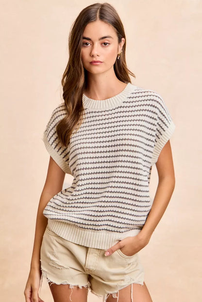 Cream and grey lightweight sleeveless sweater top with pointelle stripe details and drop shoulder design by Trendsi.