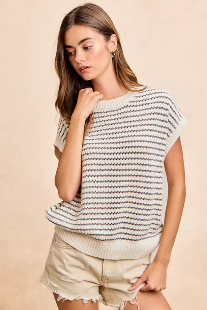 Cream and grey BiBi Pointelle Stripes sleeveless sweater top with drop shoulder design, lightweight and stylish for casual wear.