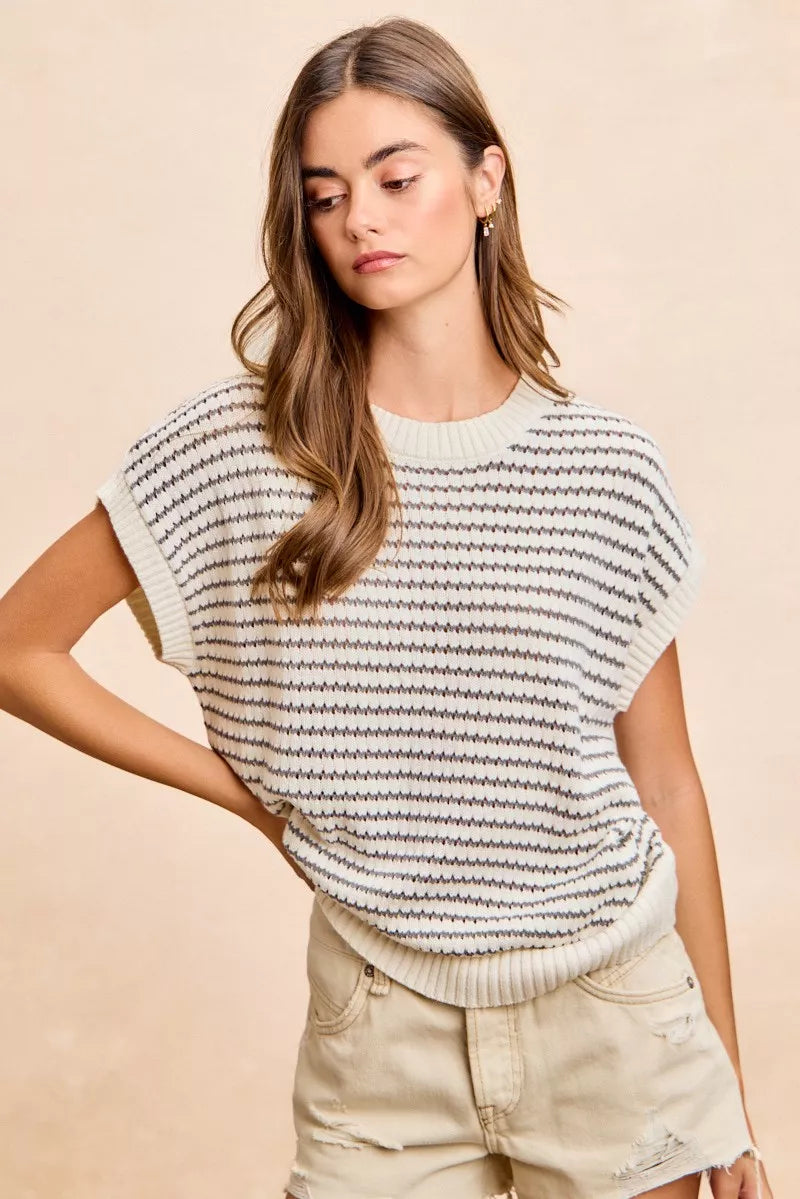Cream and grey lightweight sleeveless sweater top with pointelle stripes and drop shoulder design by Trendsi.