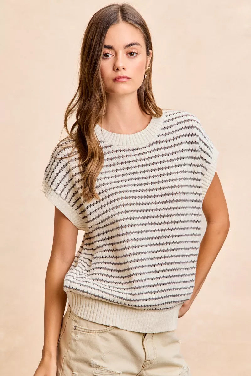 Cream and grey BiBi Pointelle Stripes sleeveless sweater top with drop shoulder design, lightweight and stylish by Trendsi.