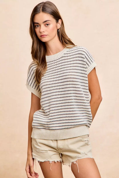 Cream and grey BiBi Pointelle Stripes sleeveless sweater top with drop shoulder design, lightweight and stylish for casual wear.