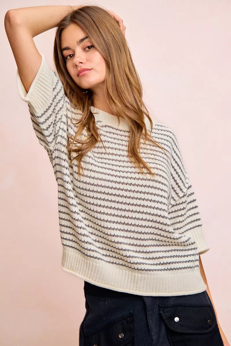 Cream and grey BiBi Stripes short sleeve knit top by Trendsi with ribbed banding and outseam detailing.