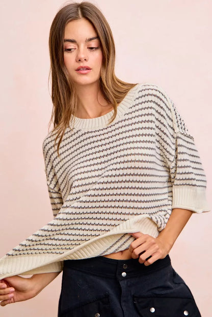Cream grey BiBi Stripes short sleeve knit top with ribbed bands and outseam detailing, from Trendsi.