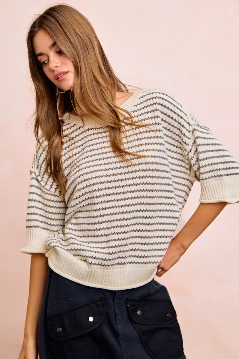 Cream grey BiBi Stripes short sleeve ribbed knit top with banded outseam, by Trendsi, shown on a model.