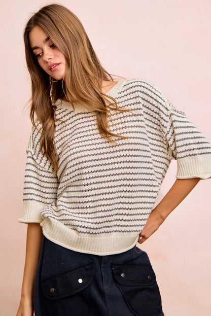 Cream grey BiBi Stripes short sleeve ribbed knit top with banded outseam, by Trendsi, shown on a model.