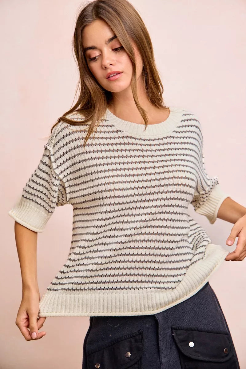 Cream and grey BiBi Stripes short sleeve ribbed knit top by Trendsi with banded outseam design and relaxed fit.
