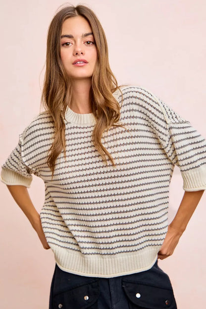 Cream grey BiBi Stripes short sleeve knit top by Trendsi with ribbed band and outseam design, showcasing a casual, stylish fit.