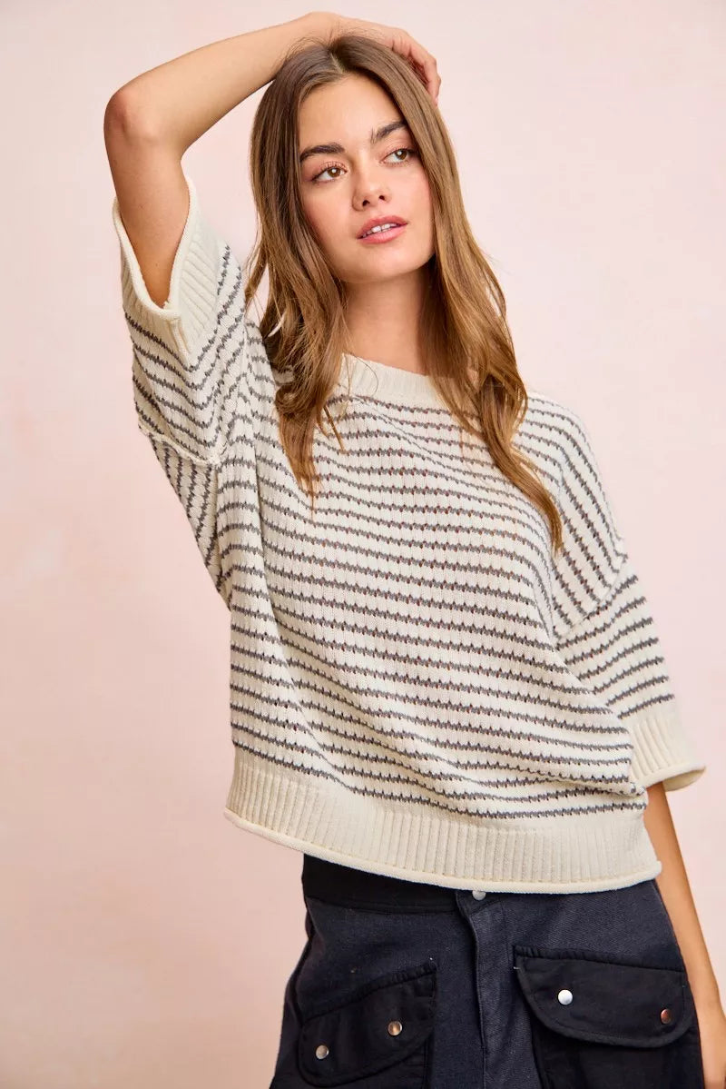 Cream grey BiBi Stripes short sleeve ribbed knit top with banded outseam and relaxed fit by Trendsi
